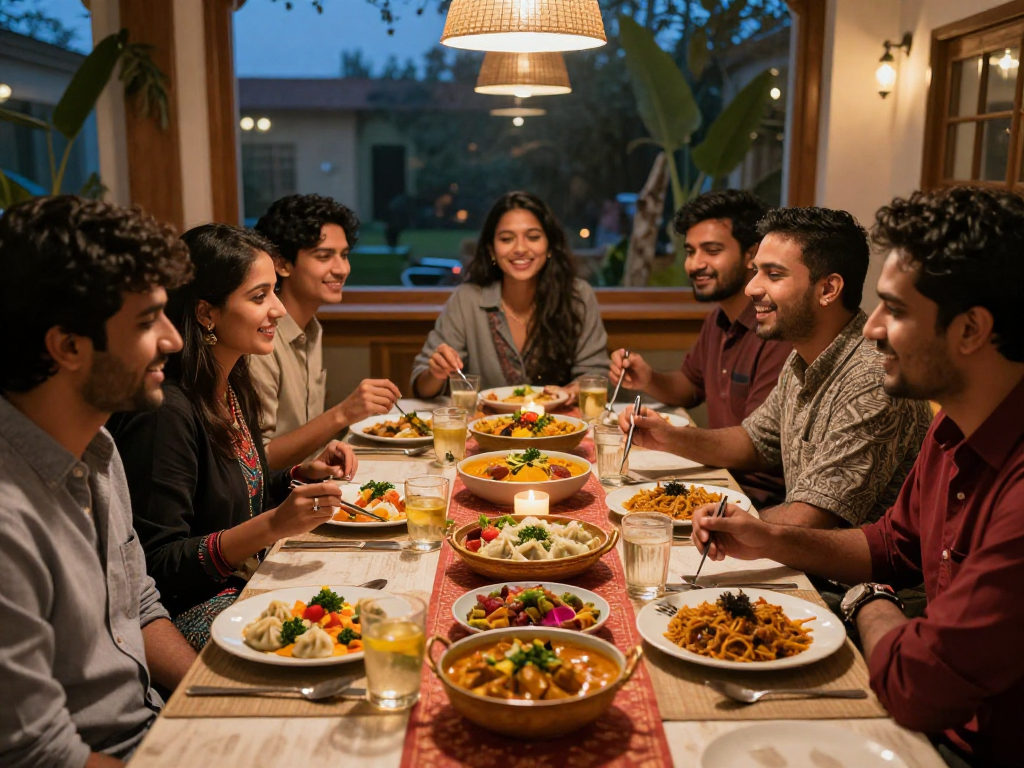 Enjoying a communal dining experience at ROKOK88 with friends, featuring authentic dishes and a cozy atmosphere, facilitating easy rokok88 link login.