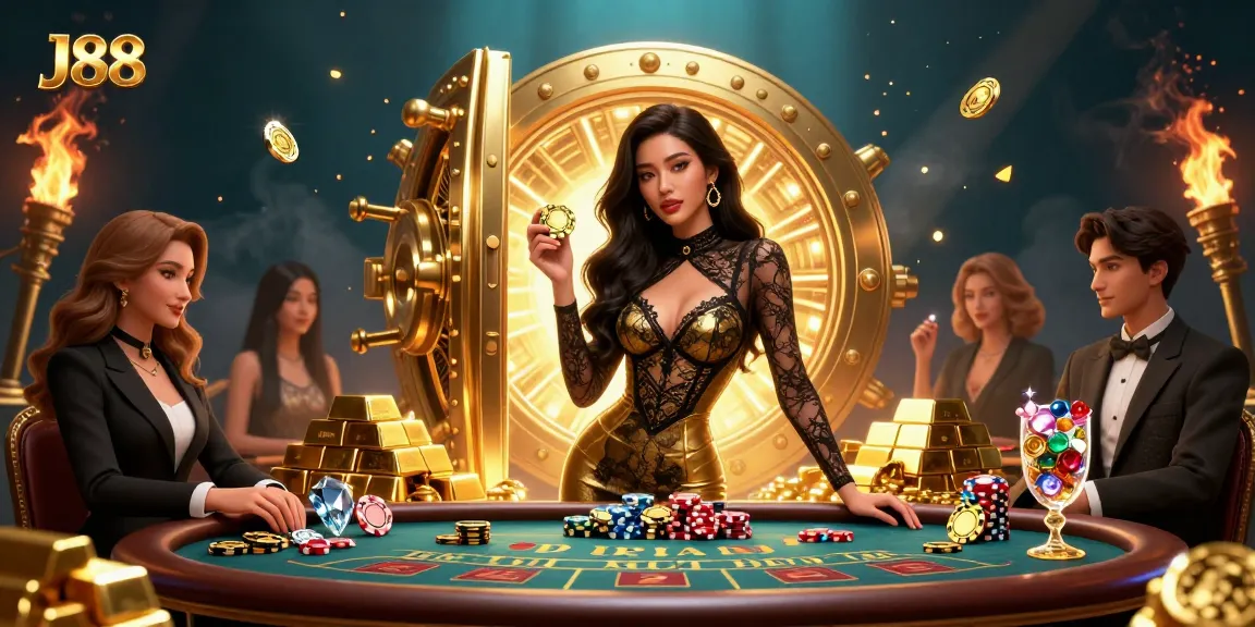 Experience thrilling high-stakes play at J88's exclusive baccarat table with dazzling golden chips and gems.