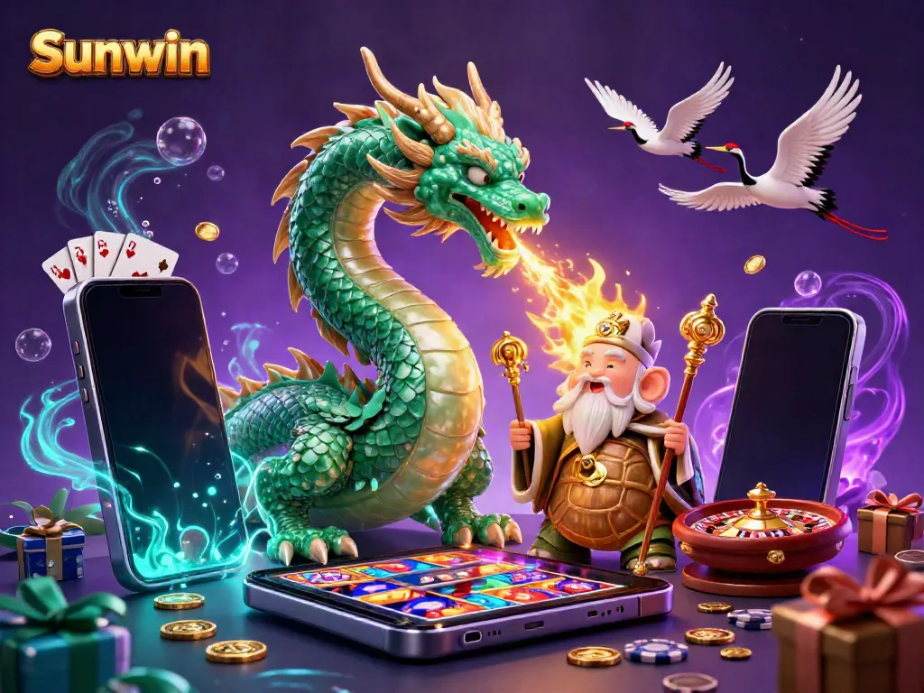 Engage with Sunwin's thrilling casino universe featuring a jade dragon, turtle sage, and lucky cranes amidst vibrant gaming elements.