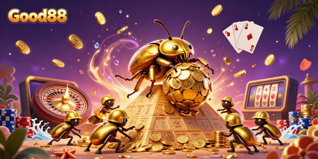 Engage in thrilling gaming adventures with Good88, featuring golden coins and vibrant casino elements.