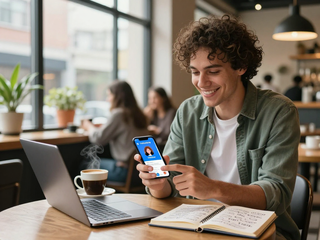 Engaging user on f168.dating app in a cozy coffee shop, showcasing modern dating experience.