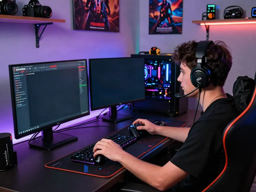 Engaging online gaming setup with the rokok88 link displayed on the screen and vibrant LED lights.