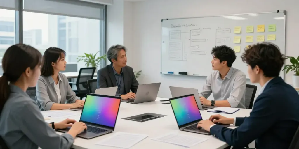 Domeinnaam prijzen bespreken in een moderne kantoorruimte met een team.