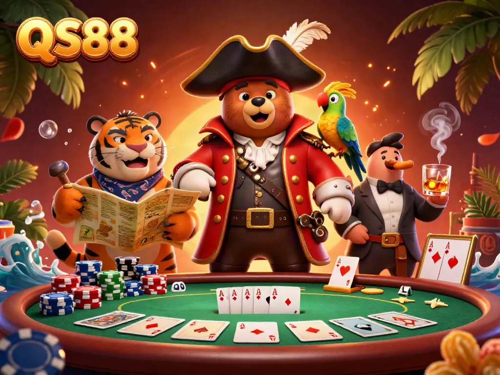 Engage with QS88's thrilling poker scene featuring a pirate bear and his companions.