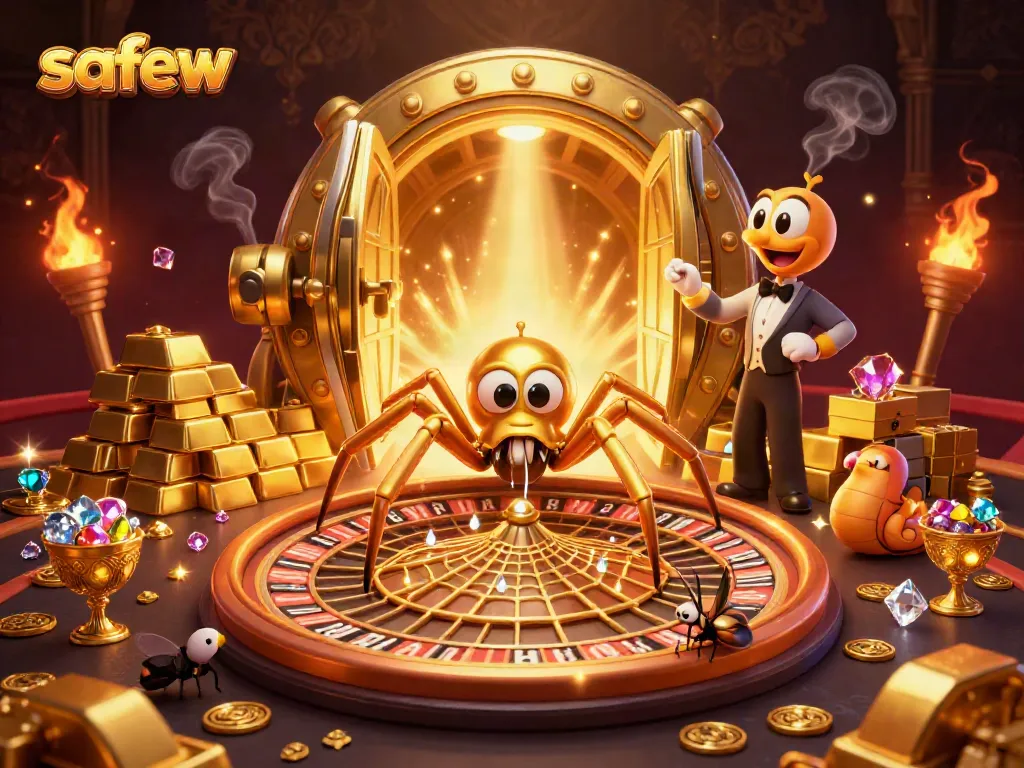 Place bets on safew as the spider spins a roulette wheel web amidst golden treasures.