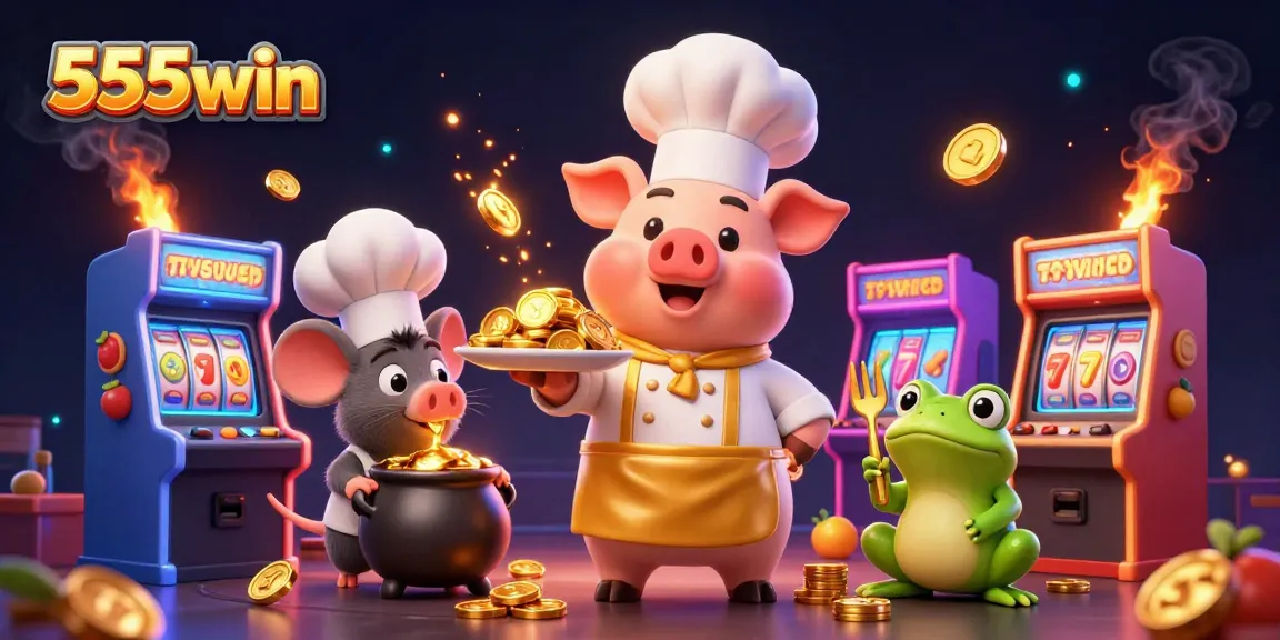 Experience thrilling gameplay with 555win as the chef pig serves gold coins at an exciting casino scene.