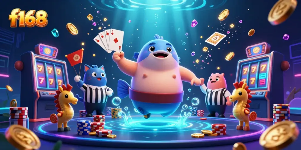 Experience the thrill of f168 with a vibrant underwater casino scene featuring unique characters and dynamic game elements.