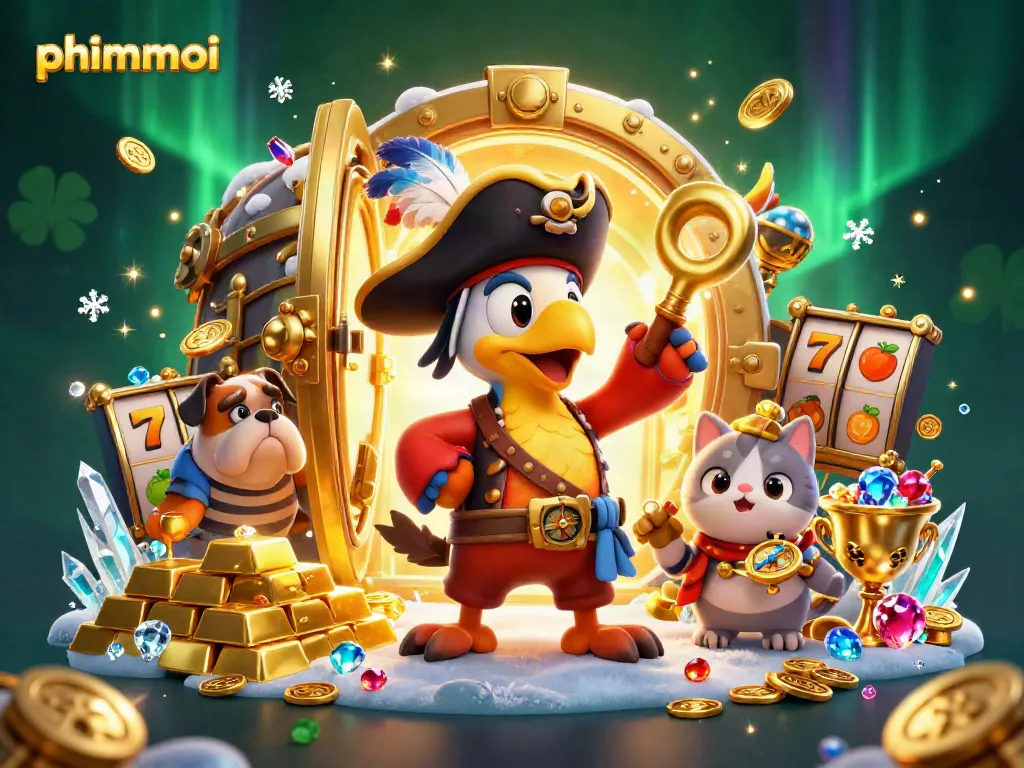 Experience thrilling gameplay with phimmoi's vibrant casino scene featuring a pirate captain, bulldog, and cat, amidst dazzling treasures.