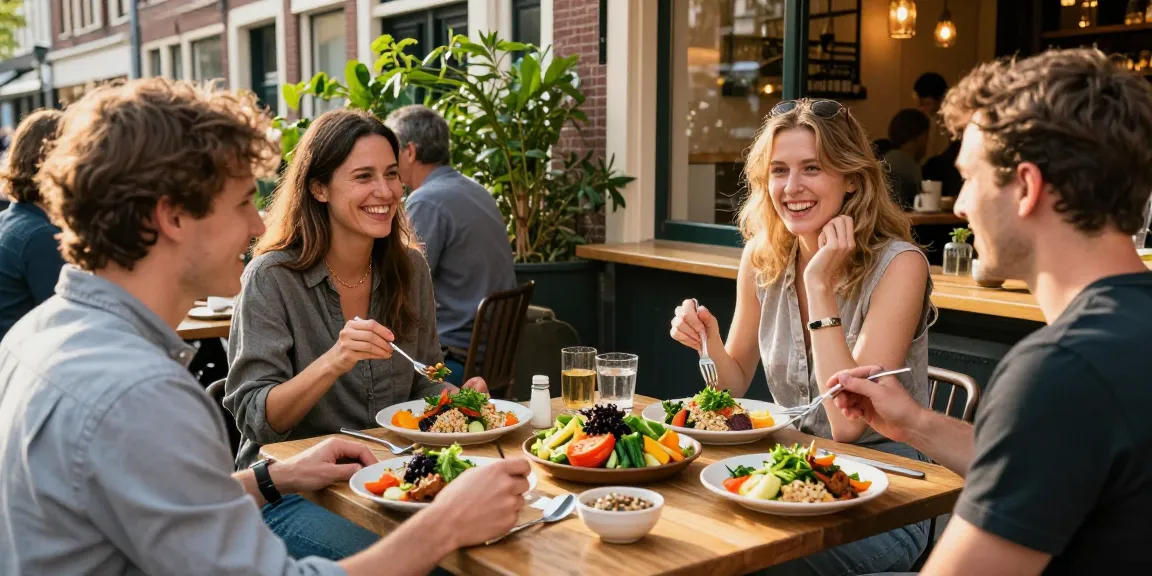 Enjoying vegetarisch eten Utrecht at Copper Branch with vibrant plant-based dishes in a lively outdoor setting.