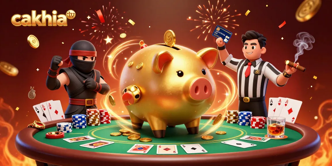 Cakhia TV showcases a thrilling 3D scene of a golden piggy bank sumo wrestler amid vibrant casino action.
