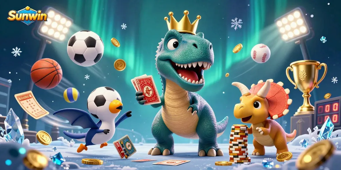 Sunwin features a T-Rex card player with a pterodactyl assistant and a triceratops stacking chips.