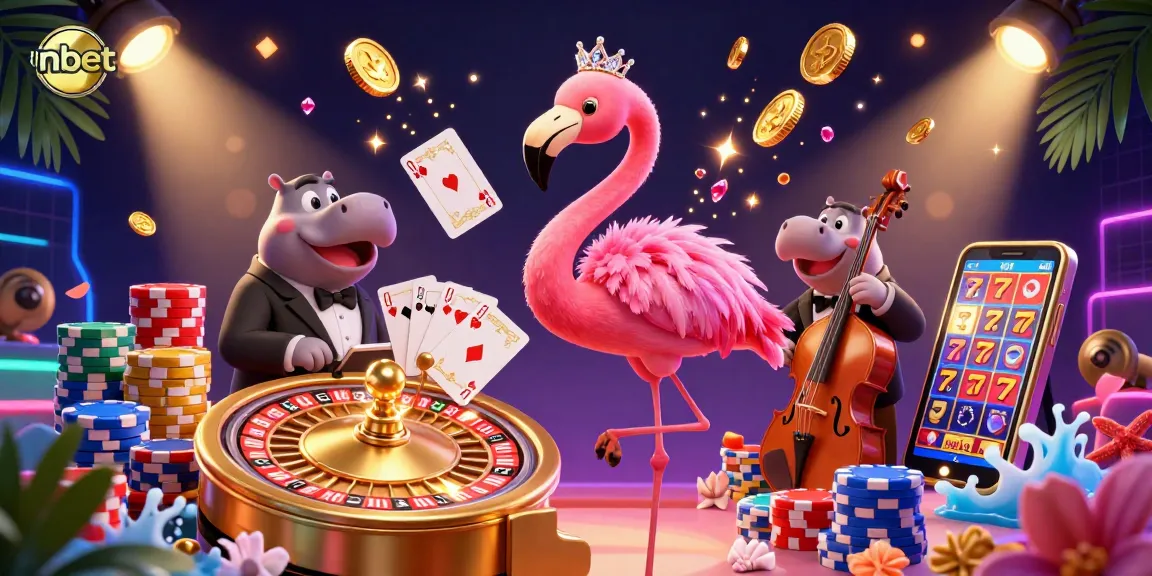 Experience exhilarating moments with nbet as the flamingo serenades at the casino surrounded by vibrant gaming elements.