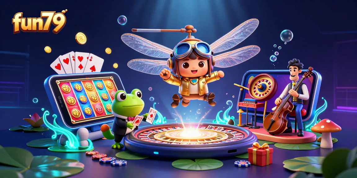 Exciting fun79 casino scene with a dragonfly pilot, frog croupier, and jazz musicians