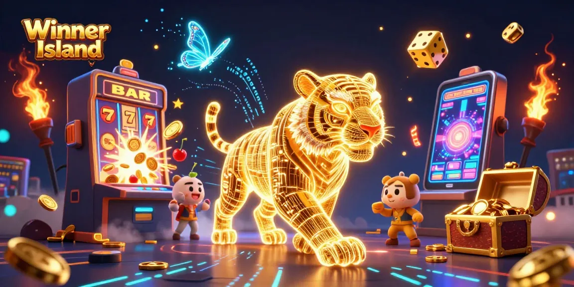 Experience the thrill of Winner Island with vibrant slot machines and a glowing tiger in a rich casino atmosphere.