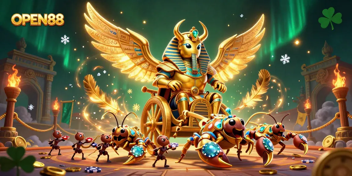 Engage with OPEN88's dynamic 3D casino scene featuring golden scarab and scorpions competing in a vibrant betting arena.