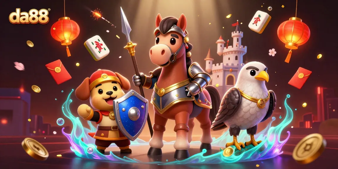 Engage in thrilling da88 gaming with knights, colorful tiles, and lucky symbols in a vibrant 3D scene.