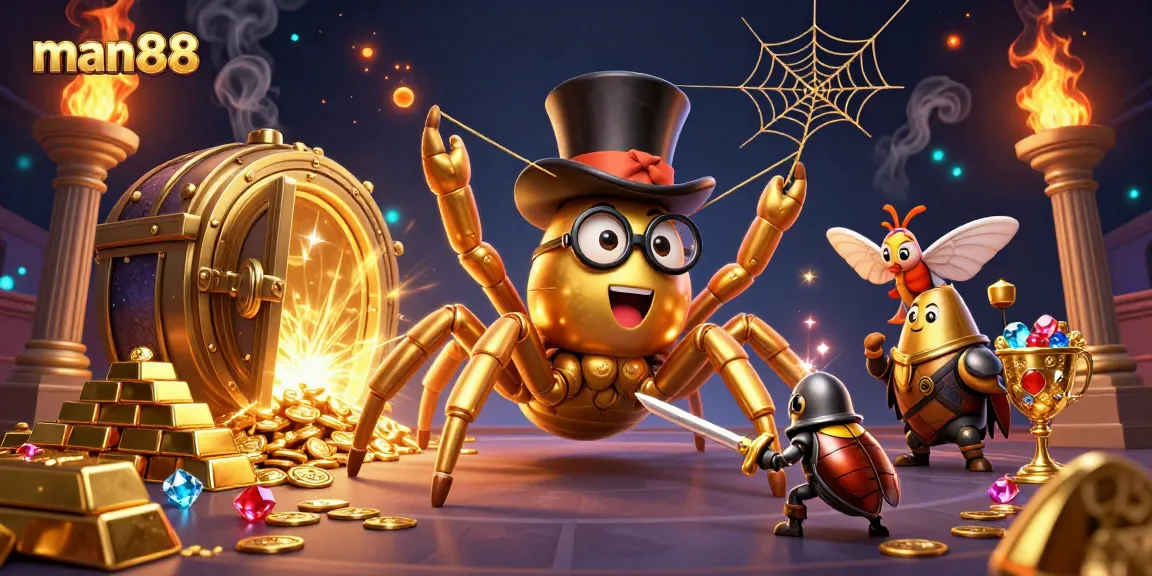 Engage with the magic of man88 in this vibrant casino-themed illustration featuring gold and glamour.