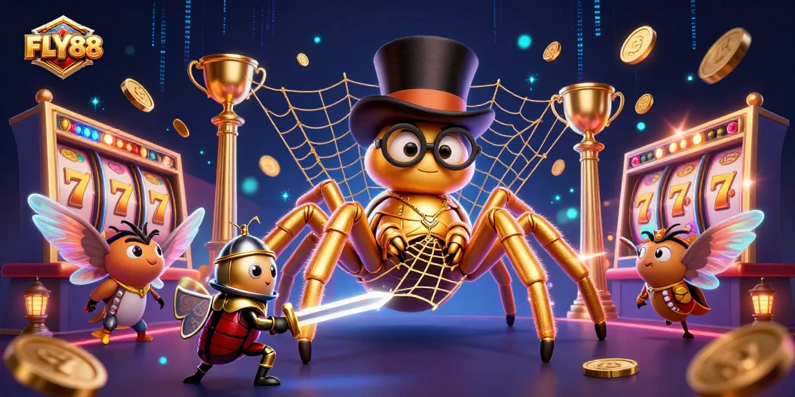 Watch the FLY88 giant tarantula spins golden webs among thrilling slot games, where excitement electrifies!
