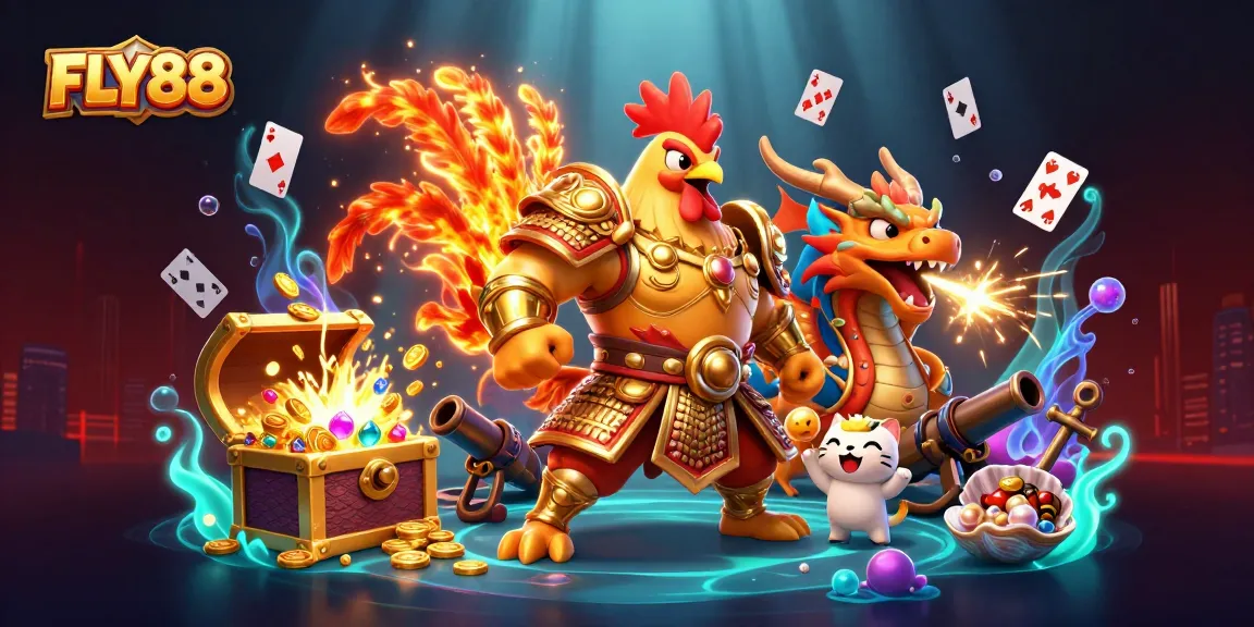 FLY88 invites players to experience the thrilling jackpot with a fighting rooster and dragon in a vibrant casino scene.