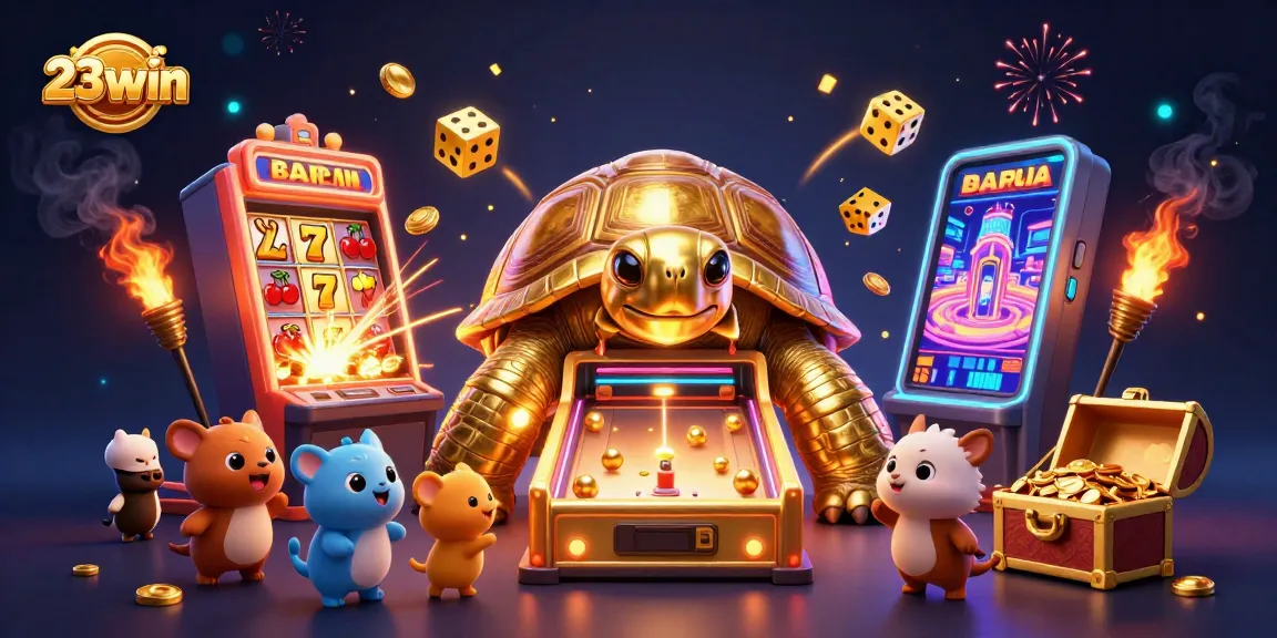 Experience the thrill of 23win with a colorful, bustling casino scene featuring a golden tortoise and jackpot excitement.
