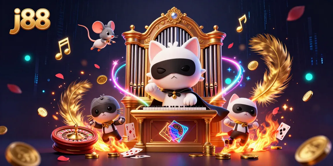 Join the j88 action with a phantom cat and mouse acrobat in a vibrant casino scene.