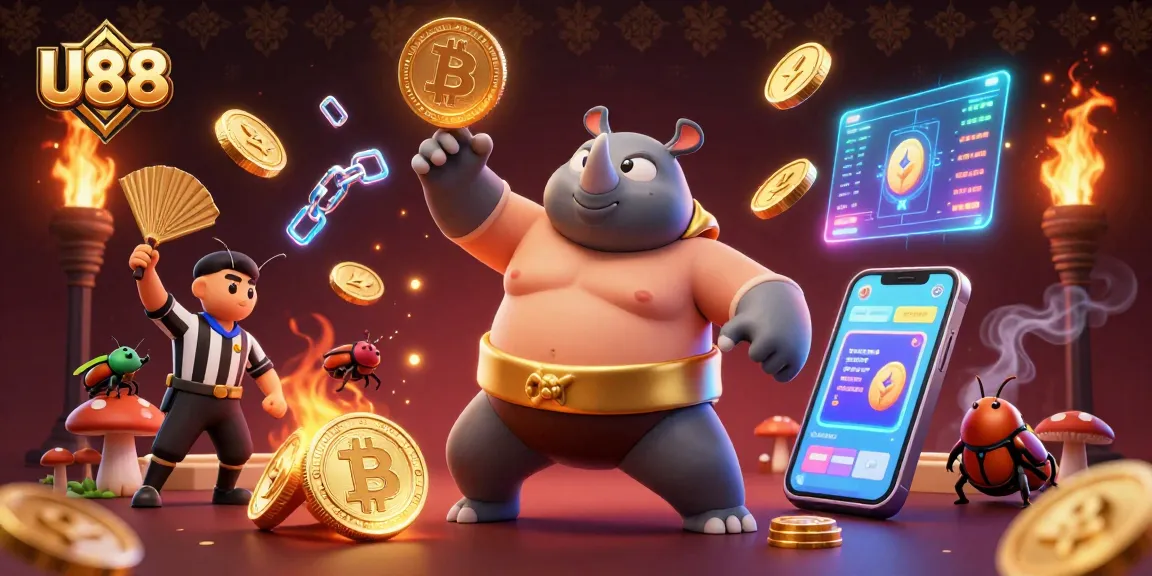 Bet on U88 with a dynamic beetle casino scene celebrating big wins and crypto treasures.