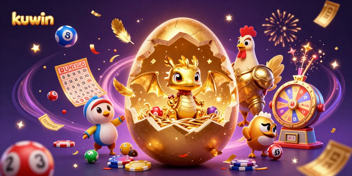 Kuwin captivates with a vibrant baby dragon emerging from a golden egg amidst a festive casino scene.
