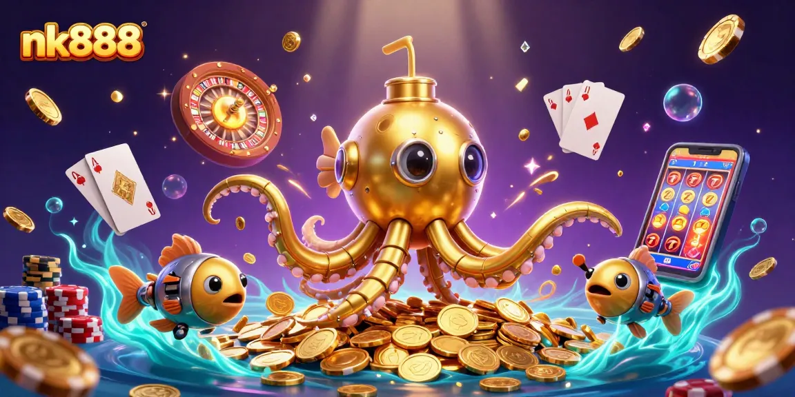 Spin and win at nk888 with an exciting casino scene filled with golden kraken and treasures!