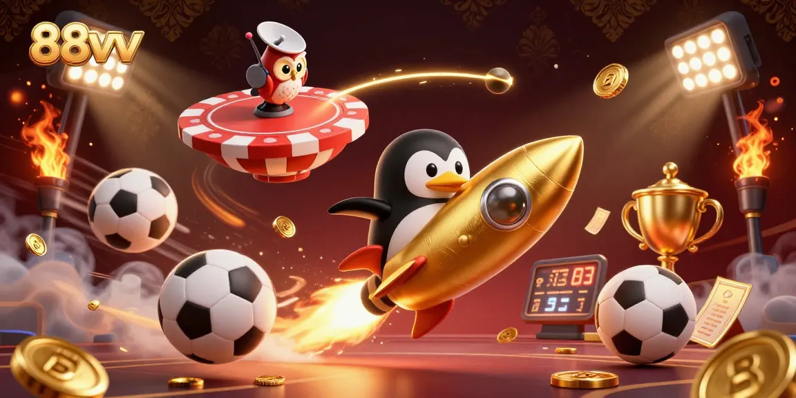 Engage with 88vv's exhilarating rocket penguin journey through a dynamic casino-themed space.