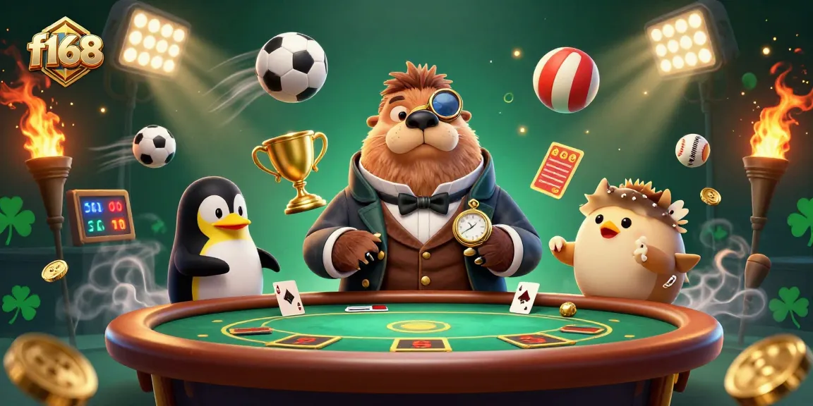 Bet on f168 with a jolly walrus, a penguin dealer, and a bluffing pufferfish at an underwater poker table.