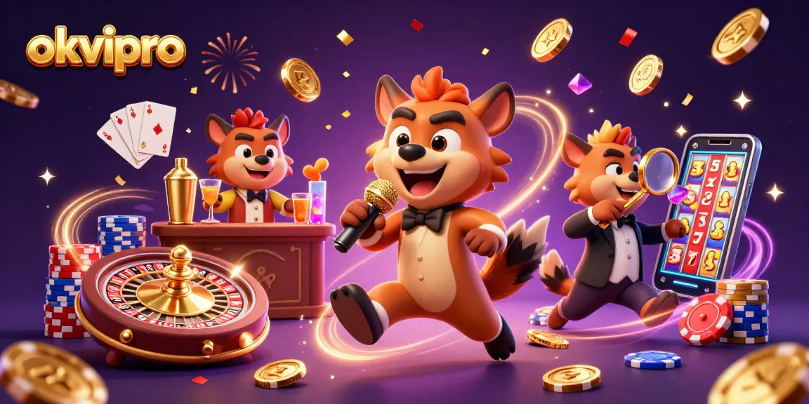 okvipro showcases a lively casino scene with hyenas, sparkling gem stones, and royal flush cards.