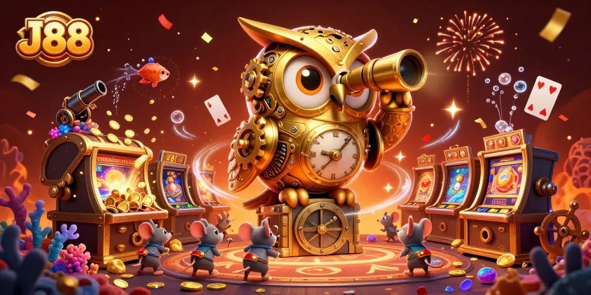 J88 offers a colorful casino scene with a golden owl overseeing vibrant slot machines.