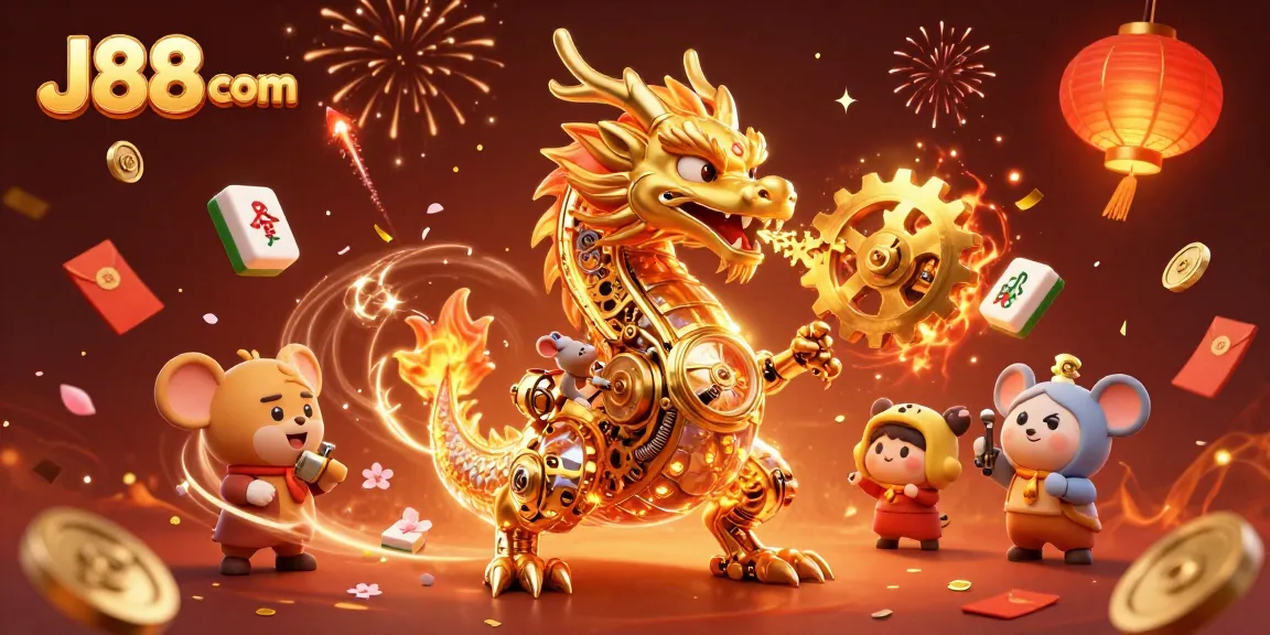 Experience the excitement of J88 com with a vibrant 3D dragon breathing gold in a casino atmosphere.