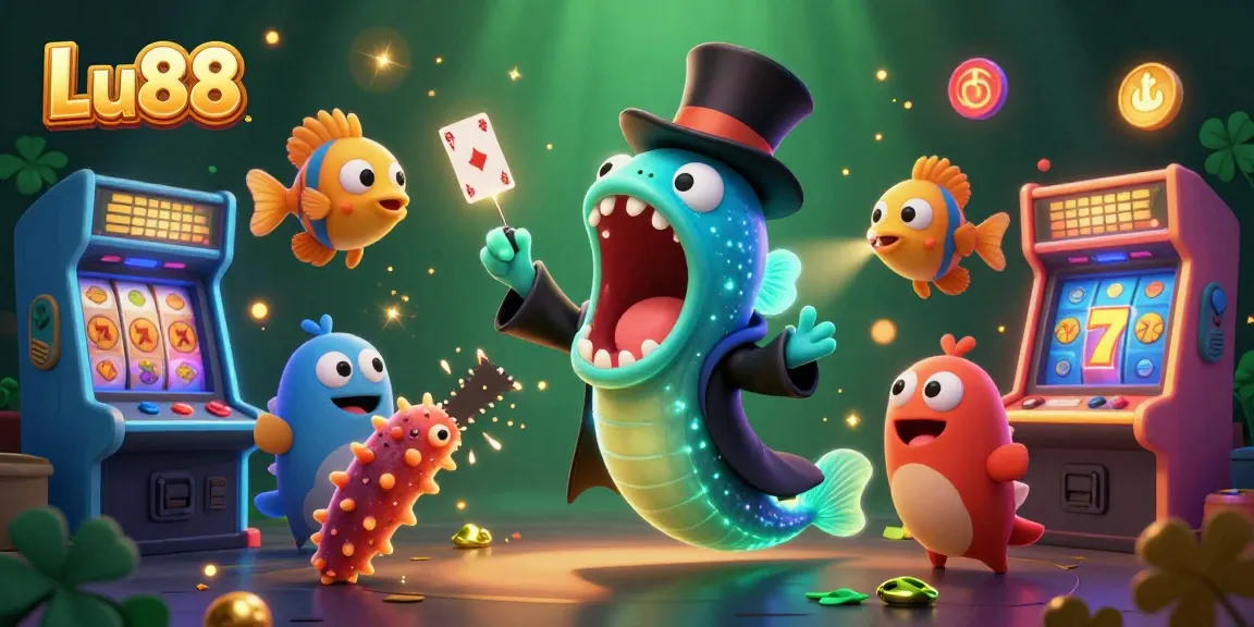 Experience Lu88's gaming excitement with a magical underwater casino scene featuring vibrant game elements.