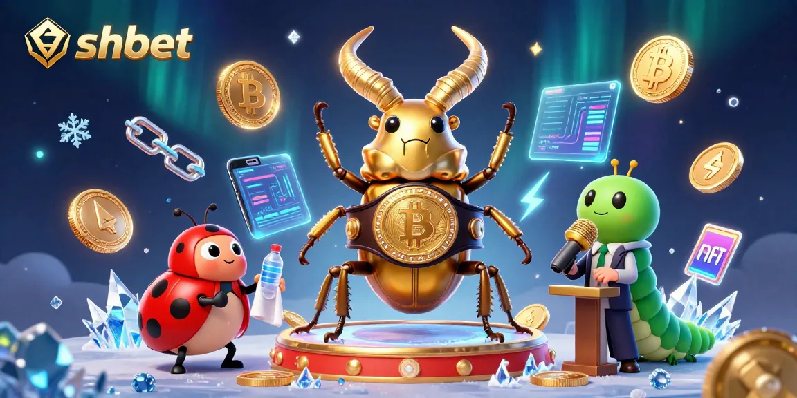 Experience shbet gaming excitement with a dynamic 3D illustration of a boxing stag beetle and crypto elements.