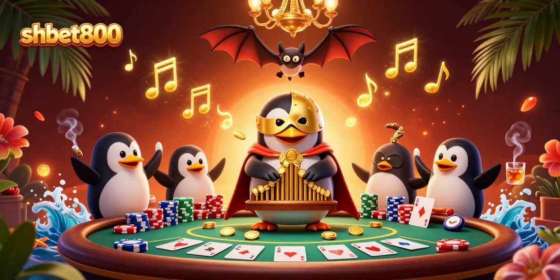 Experience vibrant gaming with shbet800 featuring a golden-masked penguin and lavish casino elements