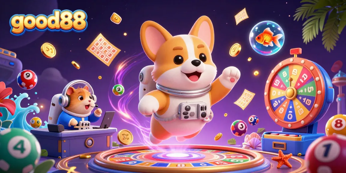 Experience the excitement of good88 with a 3D astronaut corgi in a vibrant casino scene filled with prizes and fun elements.